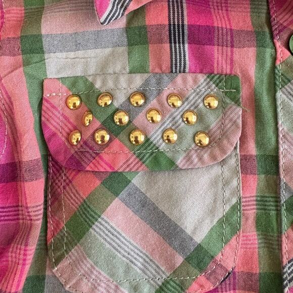 Coogi Toddler 2T Plaid Shirt Pink Green Studded Y2K  Patch Grunge Western Punk - Picture 3 of 9